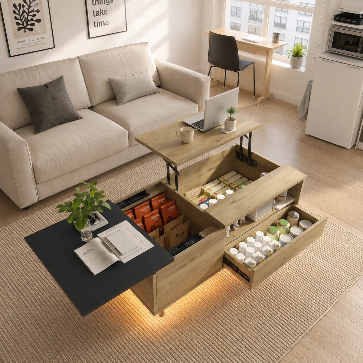 Table basse plateau relevable bois avec plateau coulissant et LED