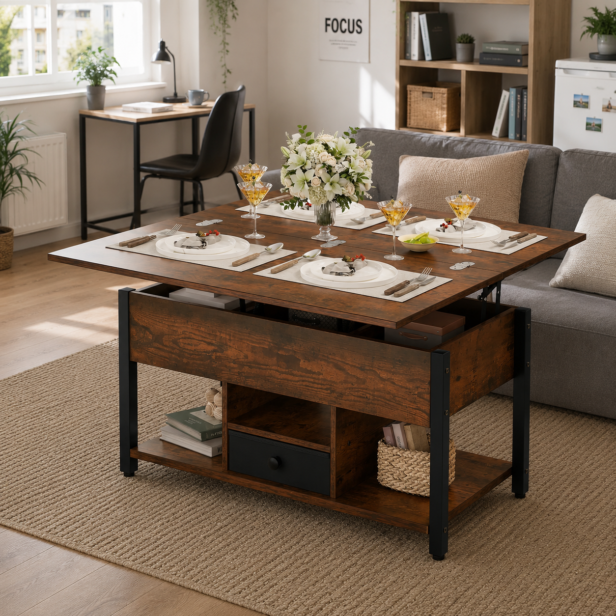 able basse 4 en 1 avec plateau relevable – Table à manger convertible avec tiroirs de rangement pour le salon
