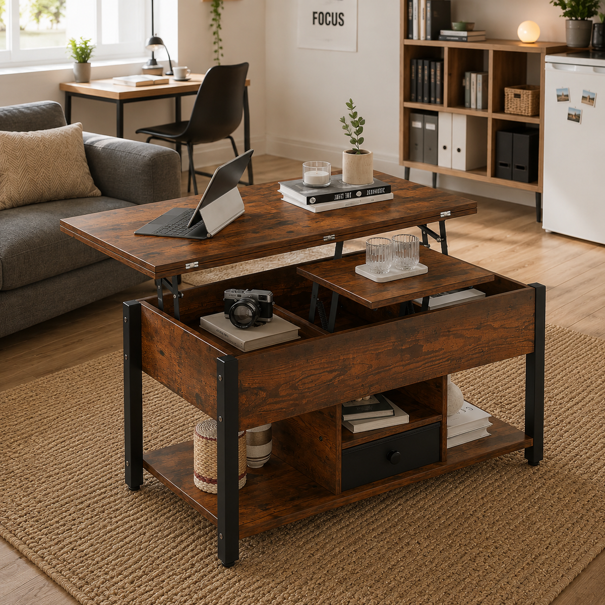 table basse 4 en 1 avec plateau relevable – Table à manger convertible avec tiroirs de rangement pour le salon