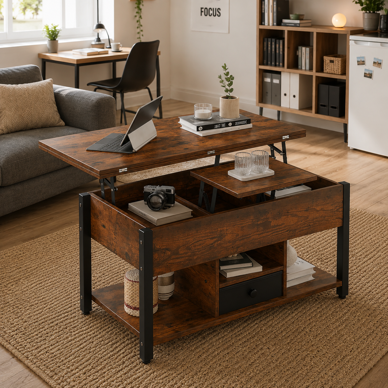 able basse 4 en 1 avec plateau relevable – Table à manger convertible avec tiroirs de rangement pour le salon