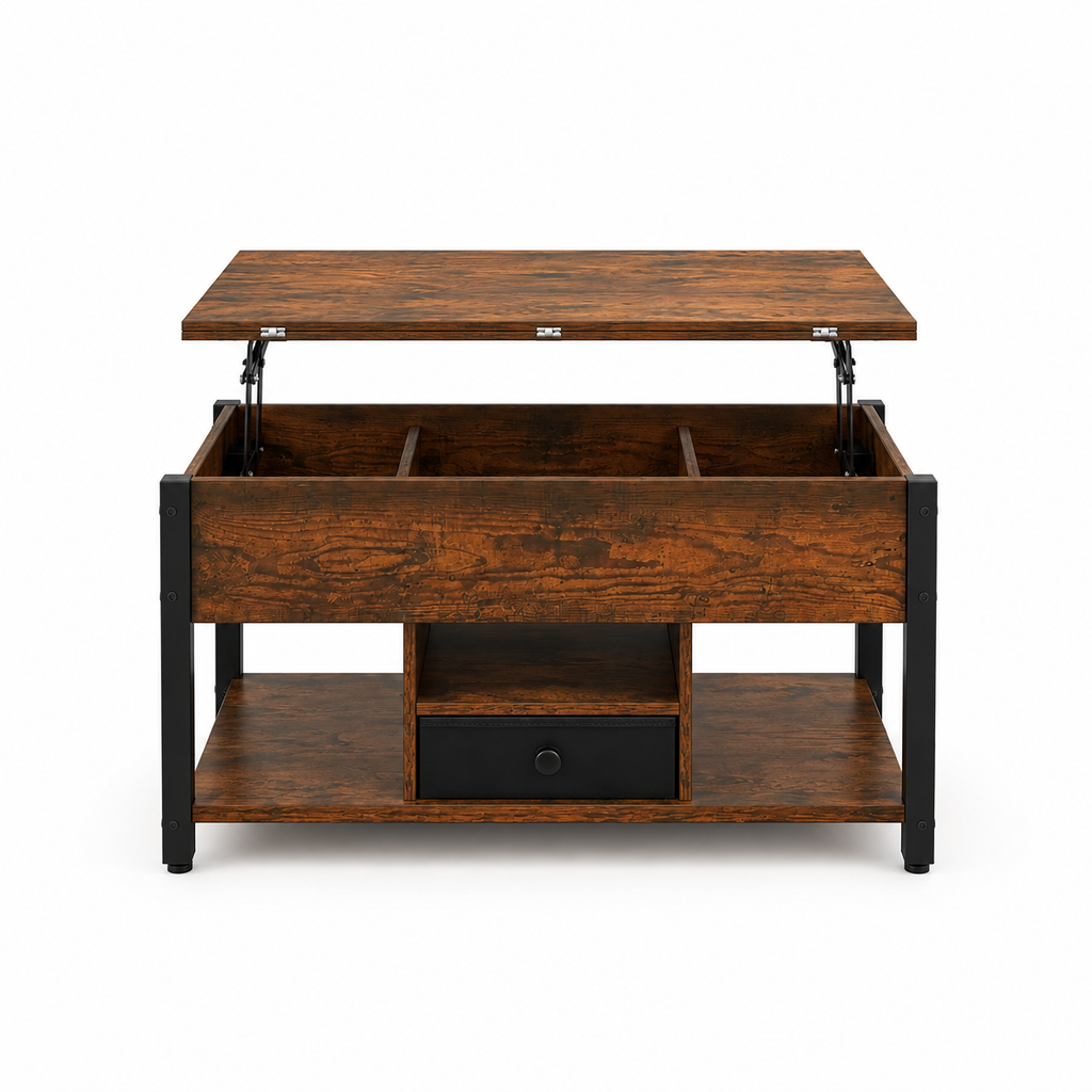 able basse 4 en 1 avec plateau relevable – Table à manger convertible avec tiroirs de rangement pour le salon