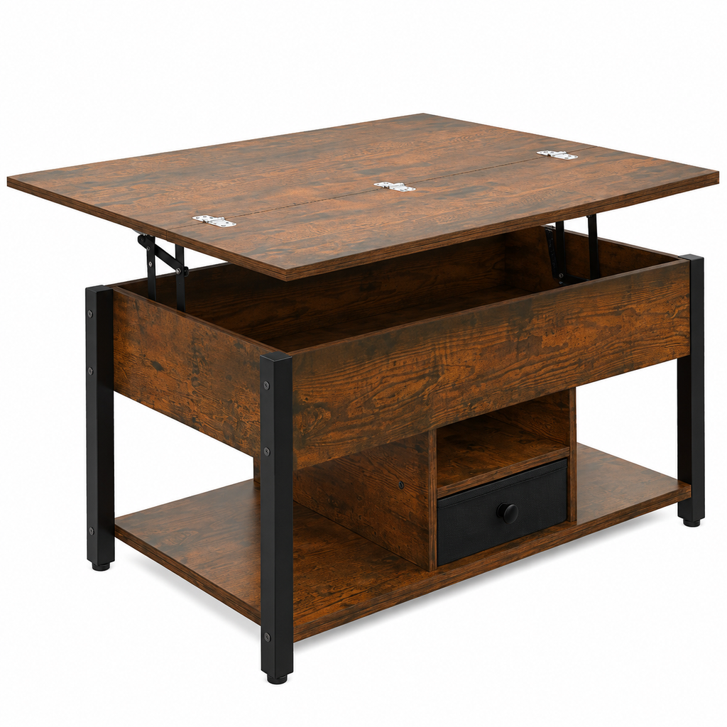 able basse 4 en 1 avec plateau relevable – Table à manger convertible avec tiroirs de rangement pour le salon