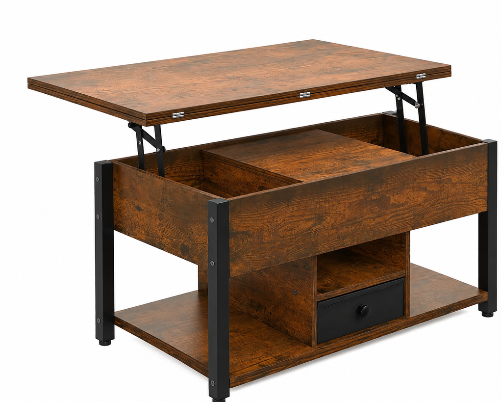 able basse 4 en 1 avec plateau relevable – Table à manger convertible avec tiroirs de rangement pour le salon