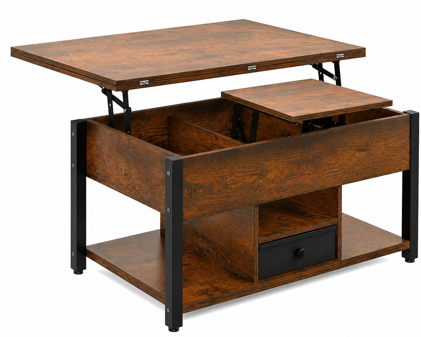 able basse 4 en 1 avec plateau relevable – Table à manger convertible avec tiroirs de rangement pour le salon