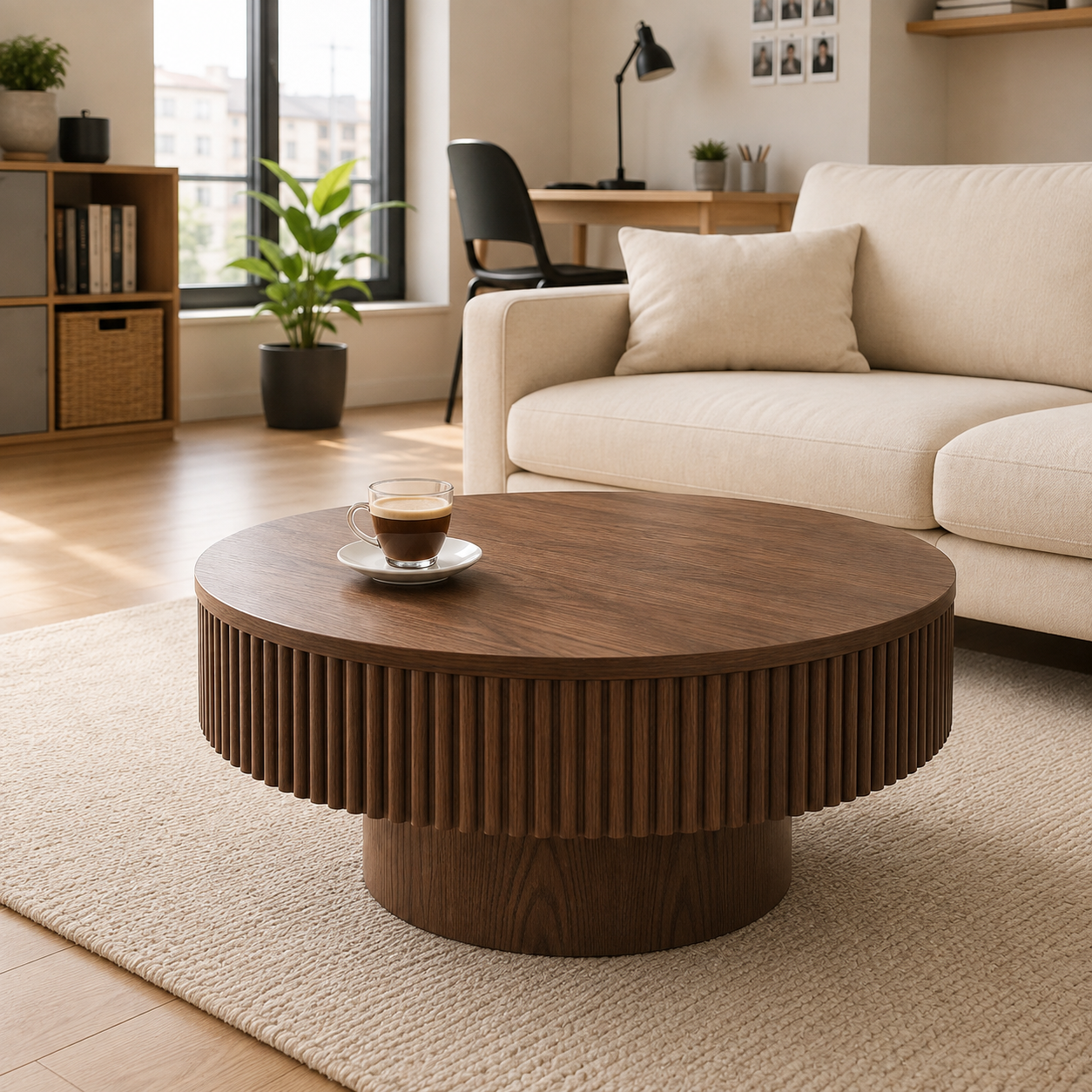 Table basse ronde en bois brun vif