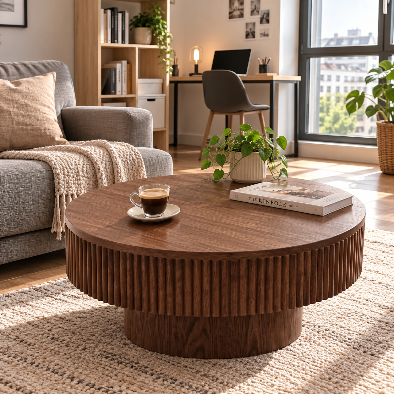 Table basse ronde en bois brun vif