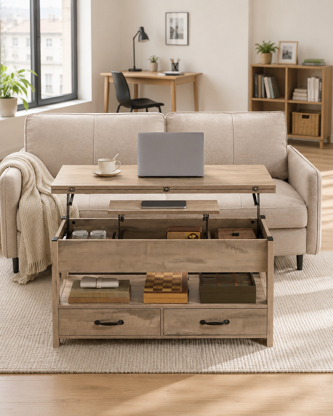 Table basse 4 en 1 avec Plateau Relevable et Rangement ouvert et Caché Transformable en Table à Manger Pliante blanc