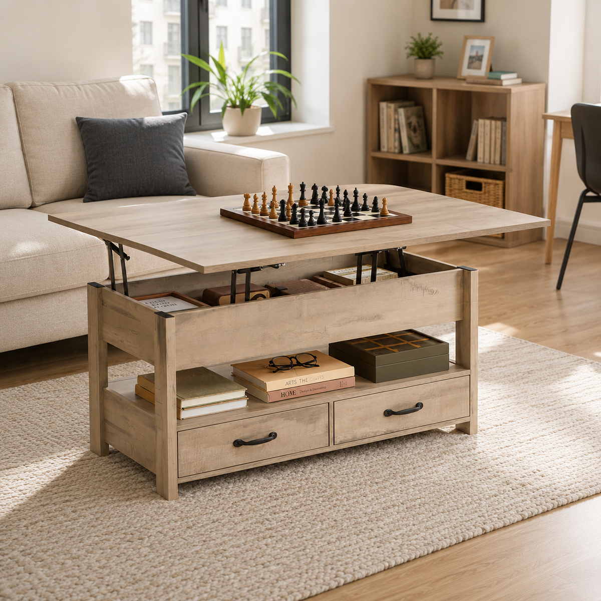 Table basse 4 en 1 avec Plateau Relevable et Rangement ouvert et Caché Transformable en Table à Manger Pliante blanc