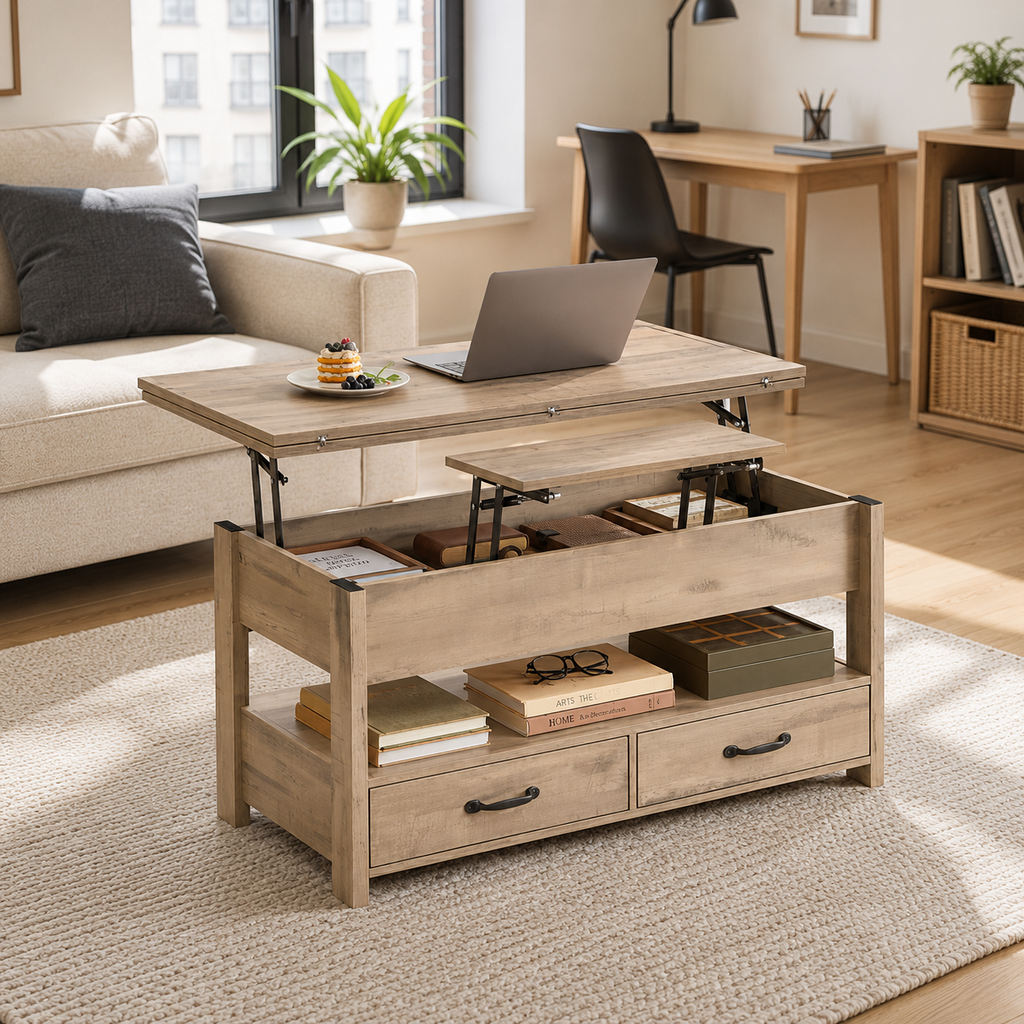 Table basse 3 en 1 avec Plateau Relevable et Rangement ouvert et Caché Transformable en Table à Manger Pliante chene