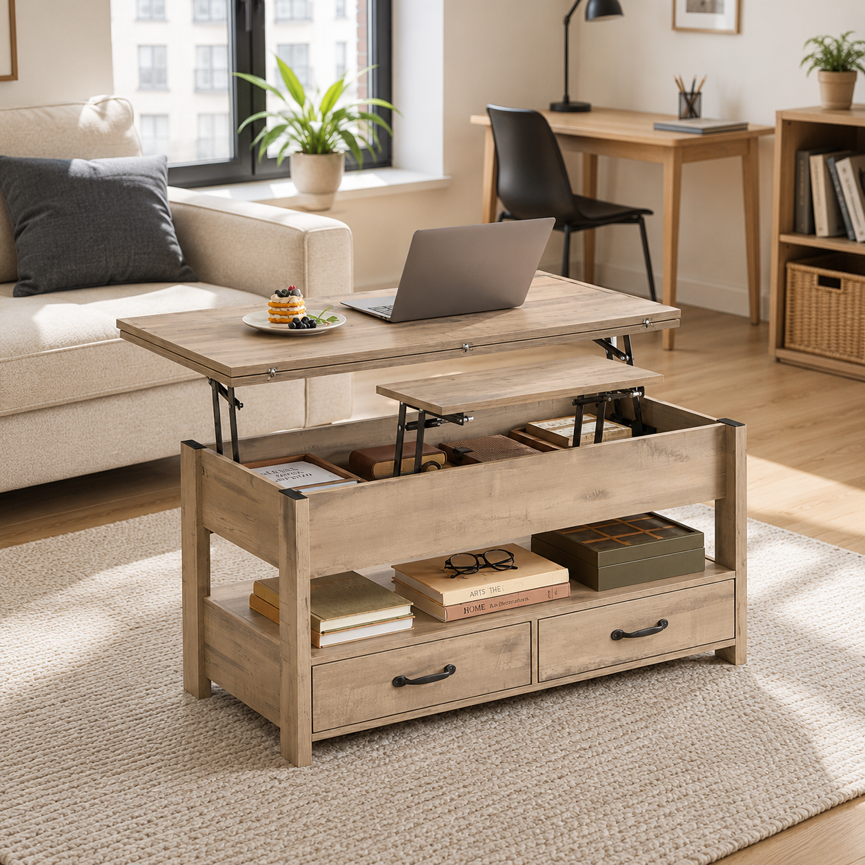 Table basse 3 en 1 avec Plateau Relevable et Rangement ouvert et Caché Transformable en Table à Manger Pliante chene