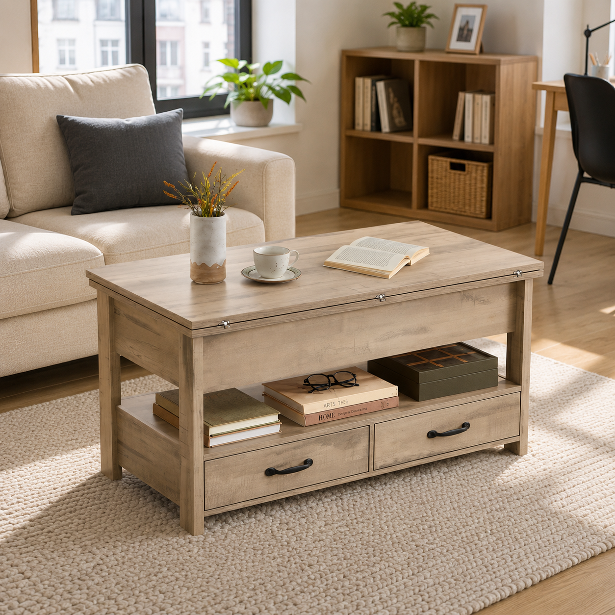 Table basse 3 en 1 avec Plateau Relevable et Rangement ouvert et Caché Transformable en Table à Manger Pliante chene