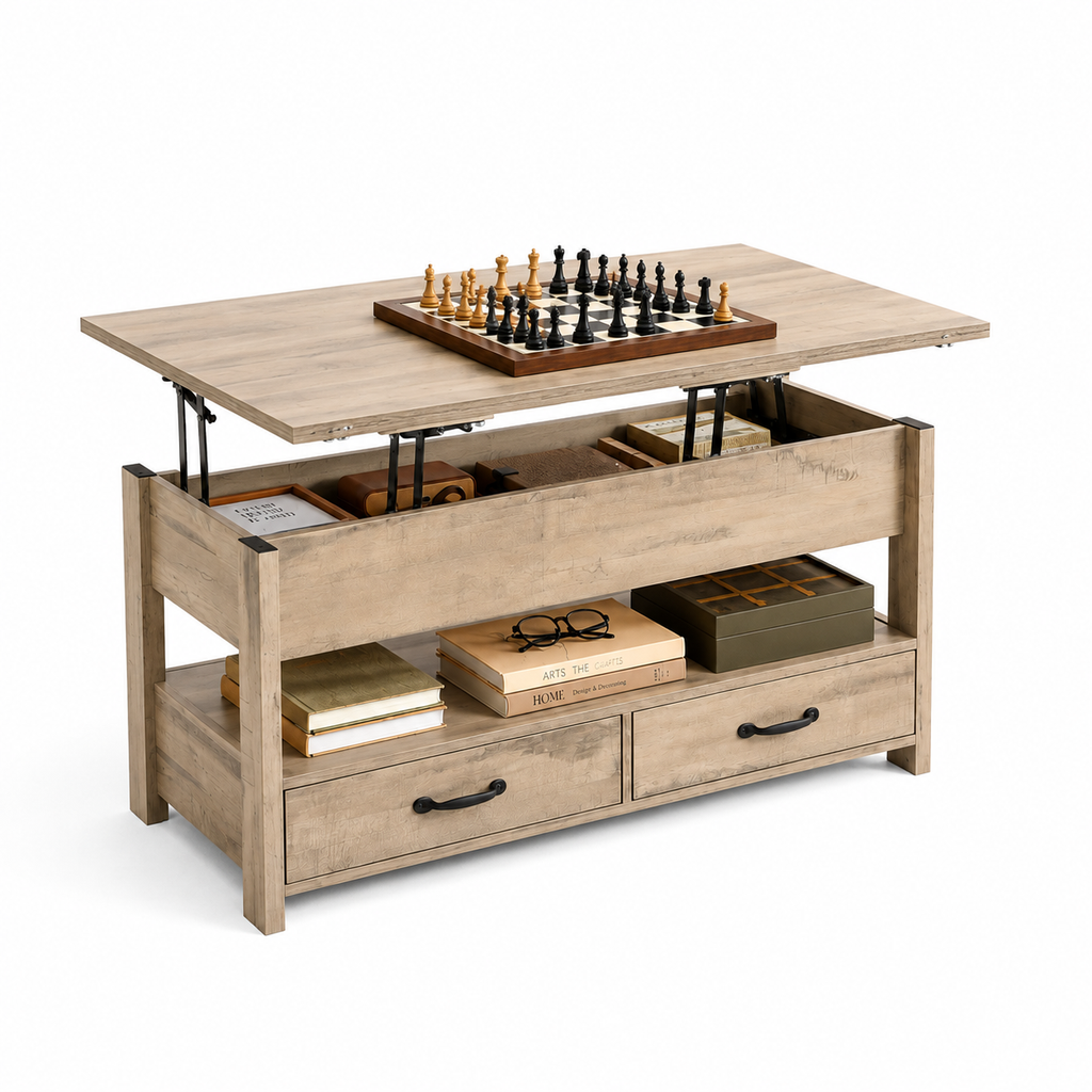 Table basse 3 en 1 avec Plateau Relevable et Rangement ouvert et Caché Transformable en Table à Manger Pliante chene