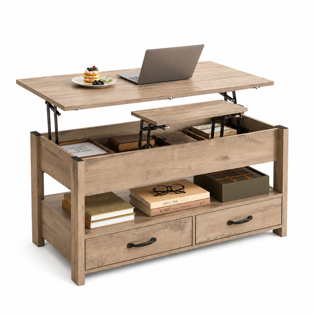 Table basse 3 en 1 avec Plateau Relevable et Rangement ouvert et Caché Transformable en Table à Manger Pliante chene