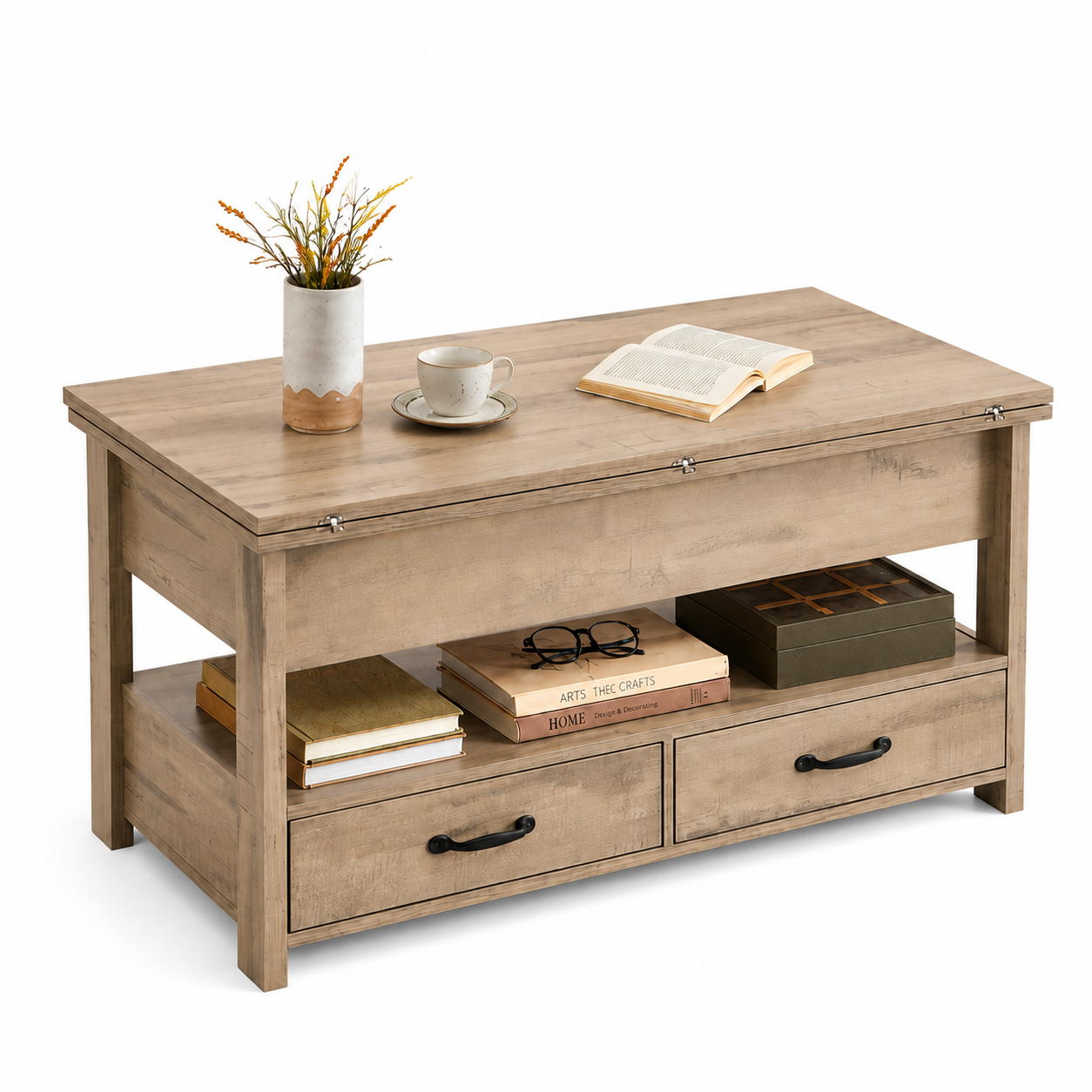 Table basse 3 en 1 avec Plateau Relevable et Rangement ouvert et Caché Transformable en Table à Manger Pliante chene