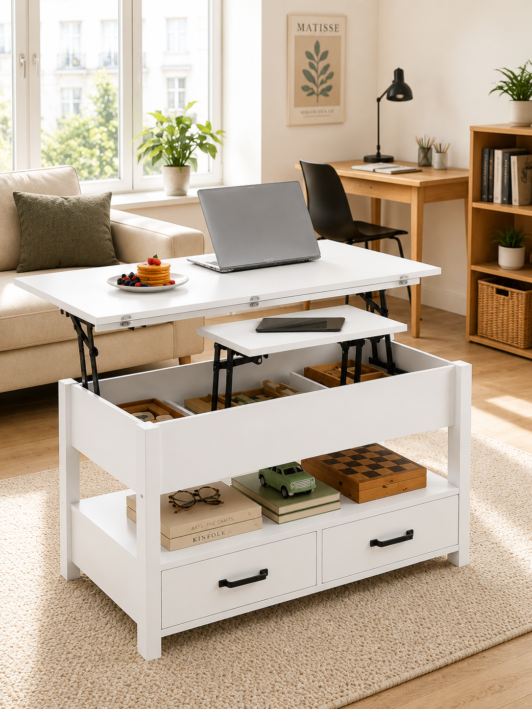 Table basse 3 en 1 avec Plateau Relevable et Rangement ouvert et Caché Transformable en Table à Manger Pliante blanc