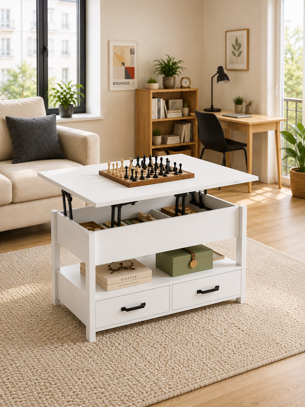 Table basse 3 en 1 avec Plateau Relevable et Rangement ouvert et Caché Transformable en Table à Manger Pliante blanc
