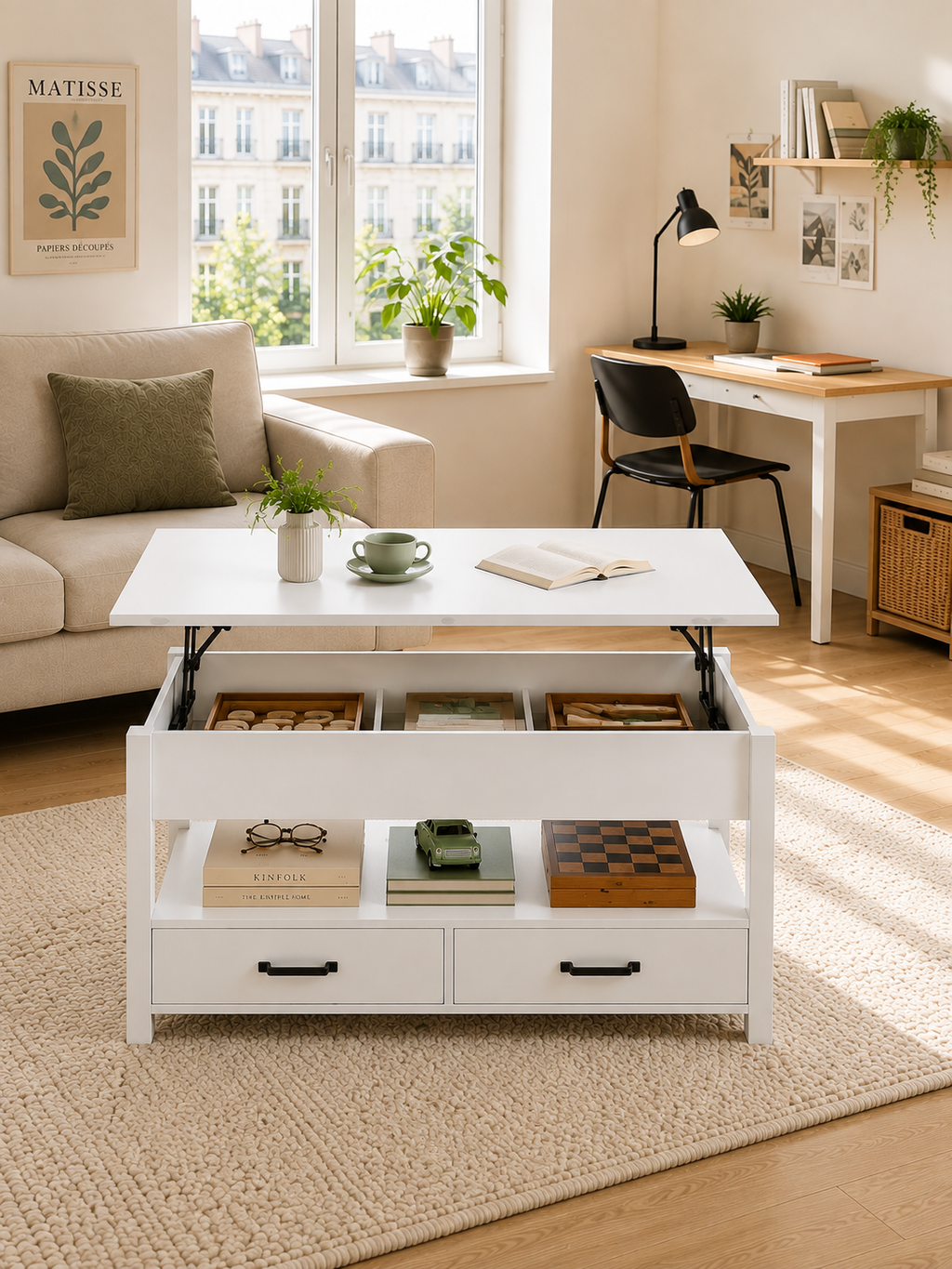 Table basse 3 en 1 avec Plateau Relevable et Rangement ouvert et Caché Transformable en Table à Manger Pliante blanc