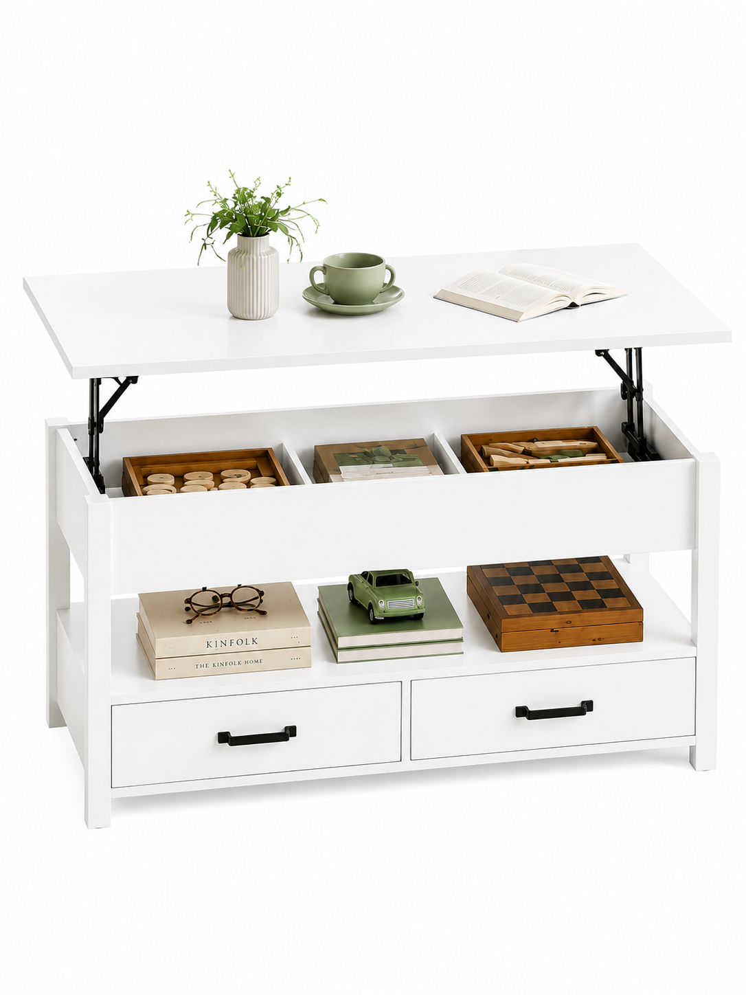 Table basse 3 en 1 avec Plateau Relevable et Rangement ouvert et Caché Transformable en Table à Manger Pliante blanc