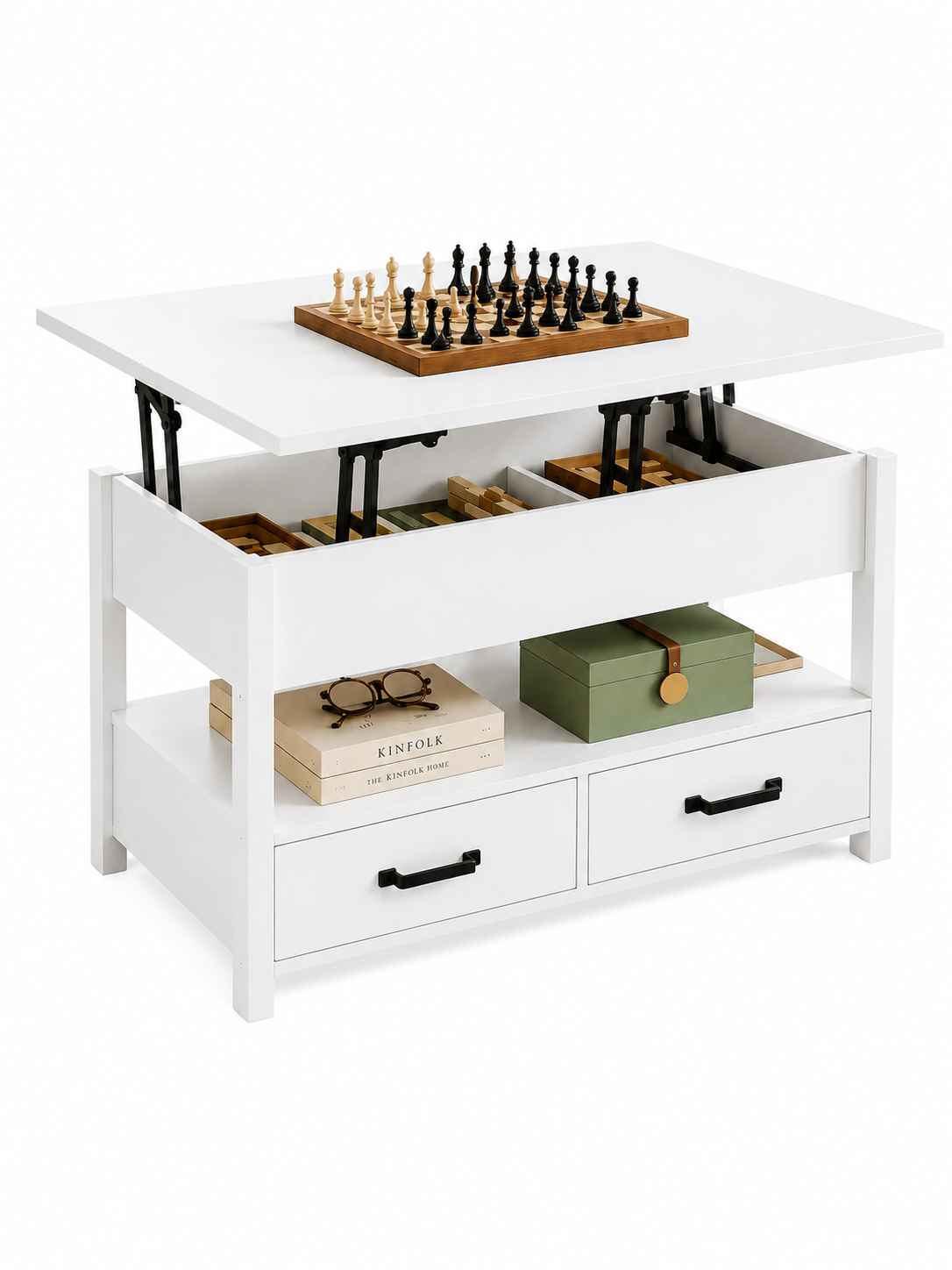 Table basse 3 en 1 avec Plateau Relevable et Rangement ouvert et Caché Transformable en Table à Manger Pliante blanc