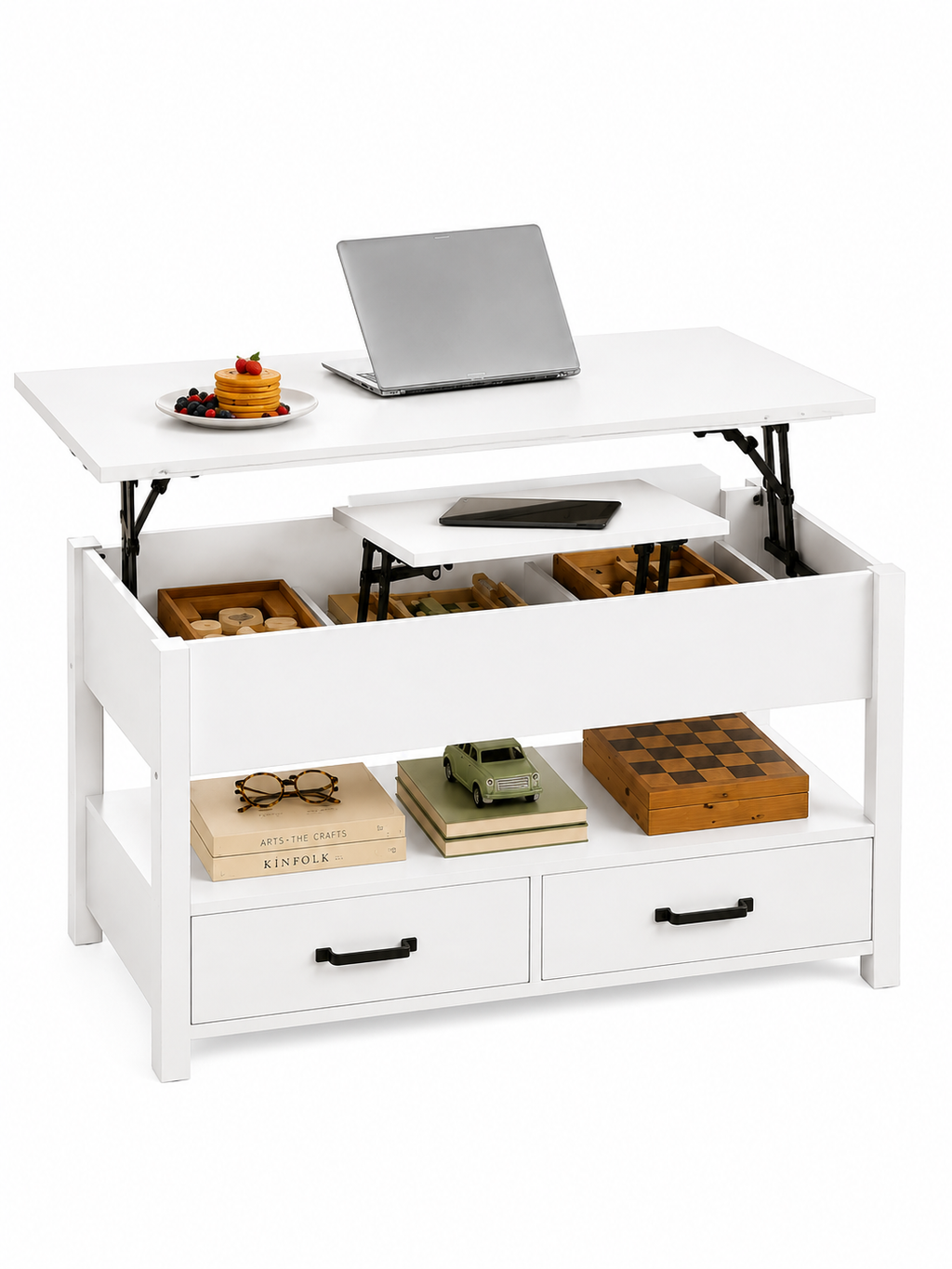 Table basse 3 en 1 avec Plateau Relevable et Rangement ouvert et Caché Transformable en Table à Manger Pliante blanc