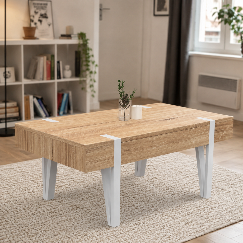 Table basse industrielle bois et métal avec tiroir | Forge