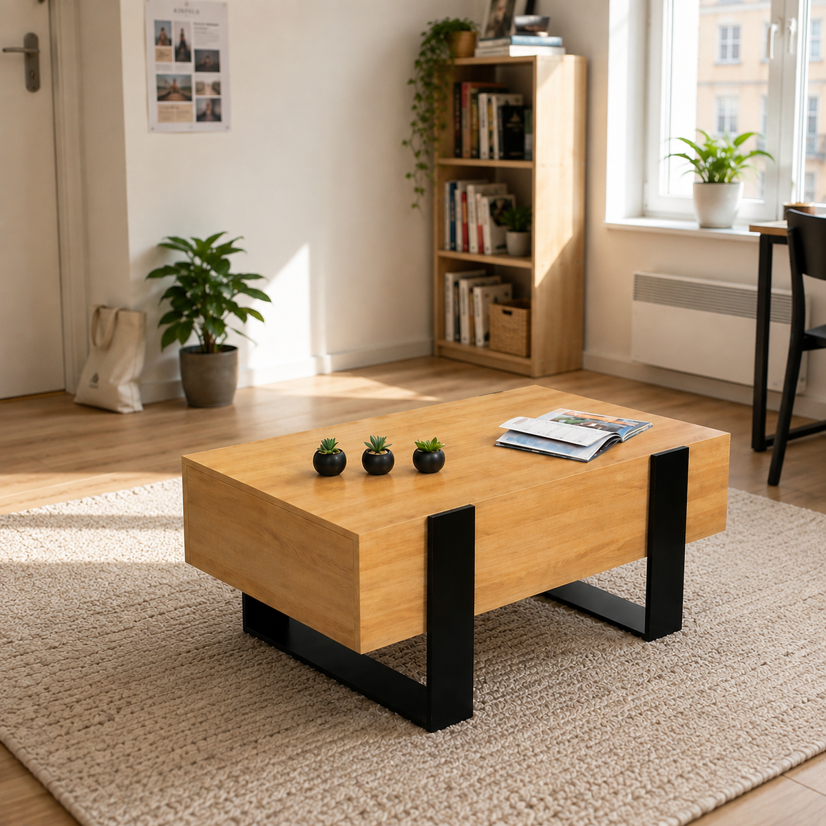 Table basse rectangulaire en bois avec tiroirs au design industriel | Lumo