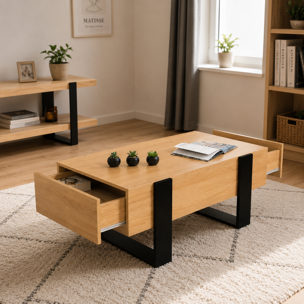 Table basse rectangulaire en bois avec tiroirs au design industriel | Lumo