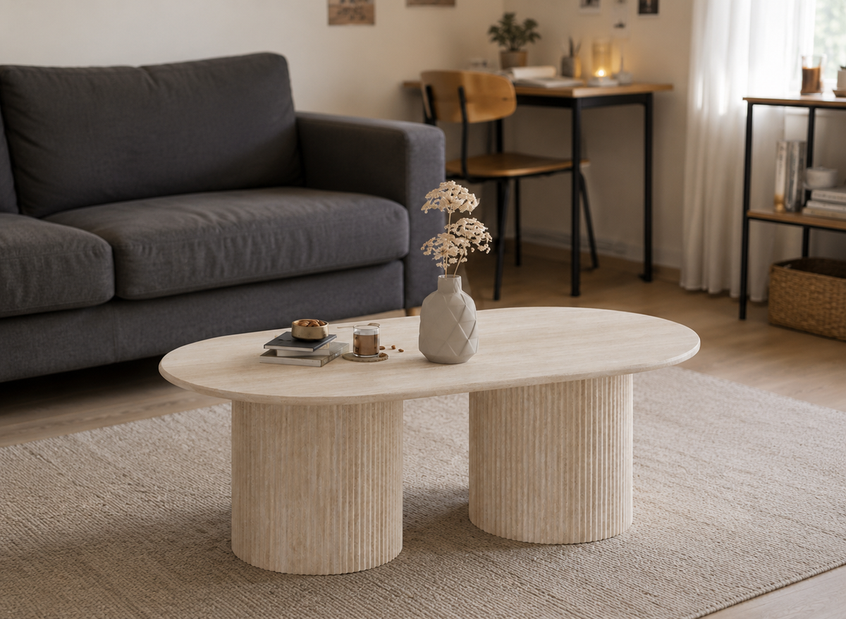 Table basse ovale en marbre composite beige
