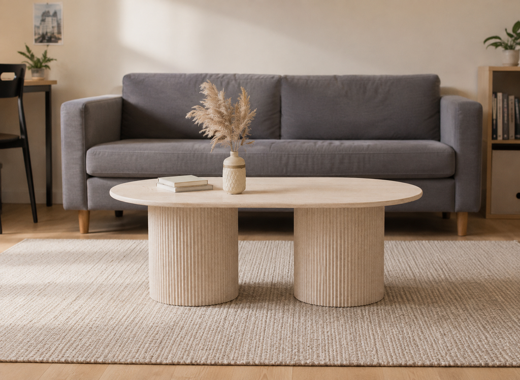 Table basse ovale en marbre composite beige