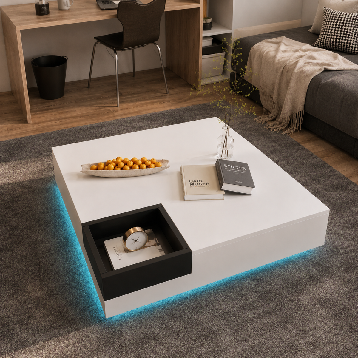 Table basse carrée avec LED et rangement amovible